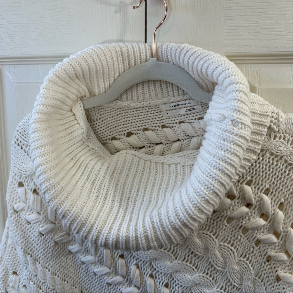 Anthropologie Asymmetrical Poncho Sweater Turtleneck Cable Knit Womens Size M - Picture 10 of 12